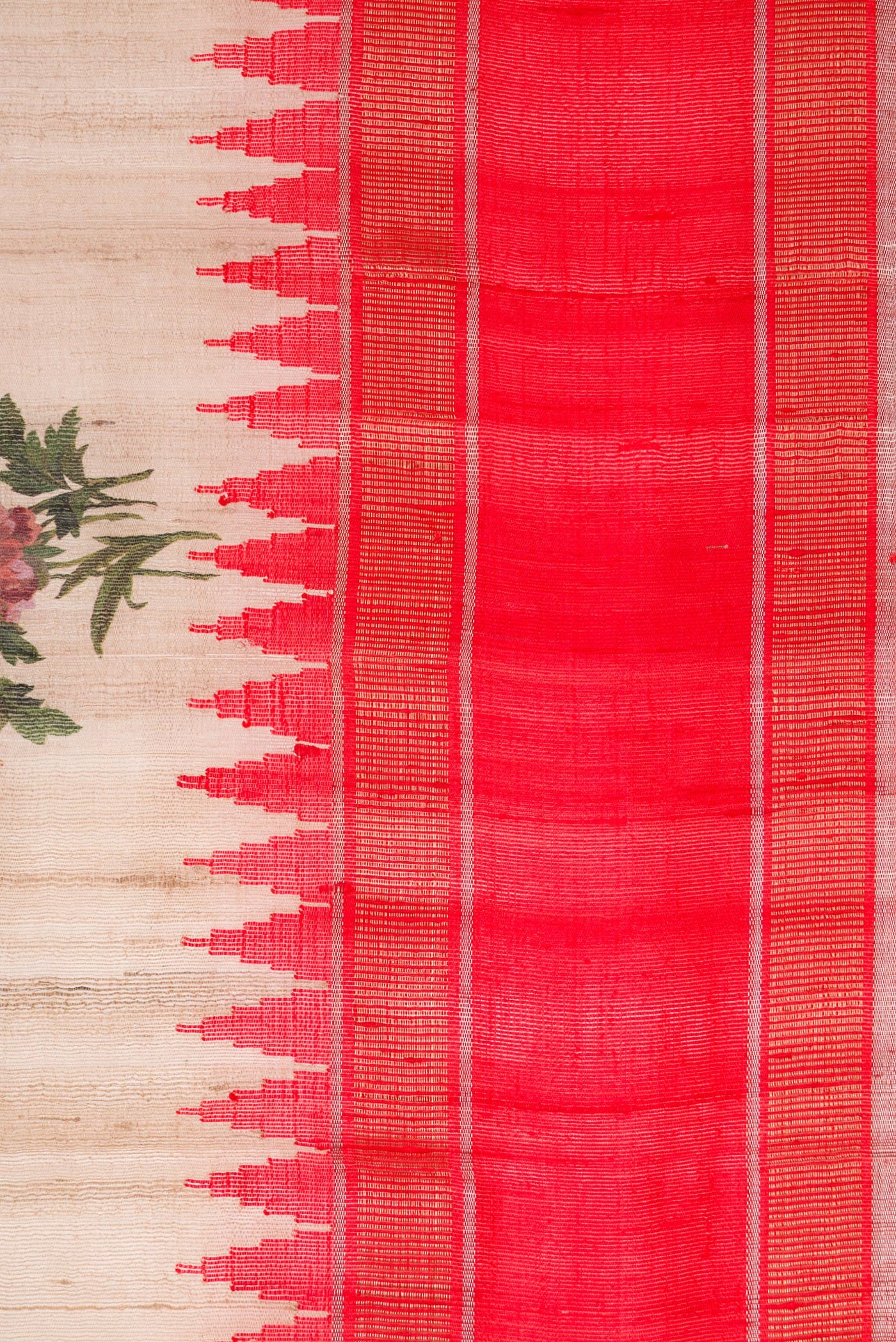 Border image of Beige Dual Tone Tussar Silk Saree with Printed design on the body and Temple Border. 