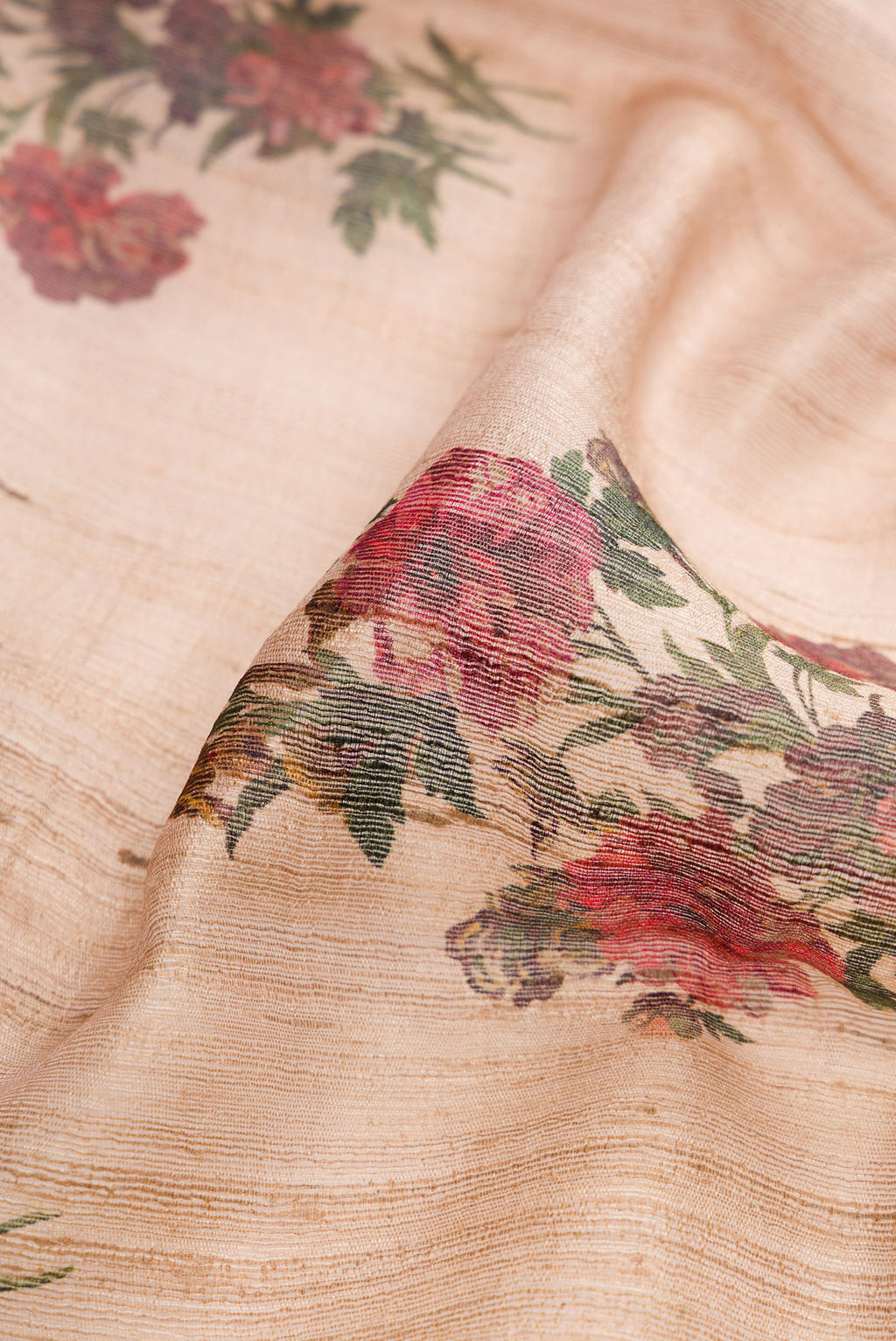 Close up of Beige Dual Tone Tussar Silk Saree with Printed design on the body and Temple Border.  displaying folds