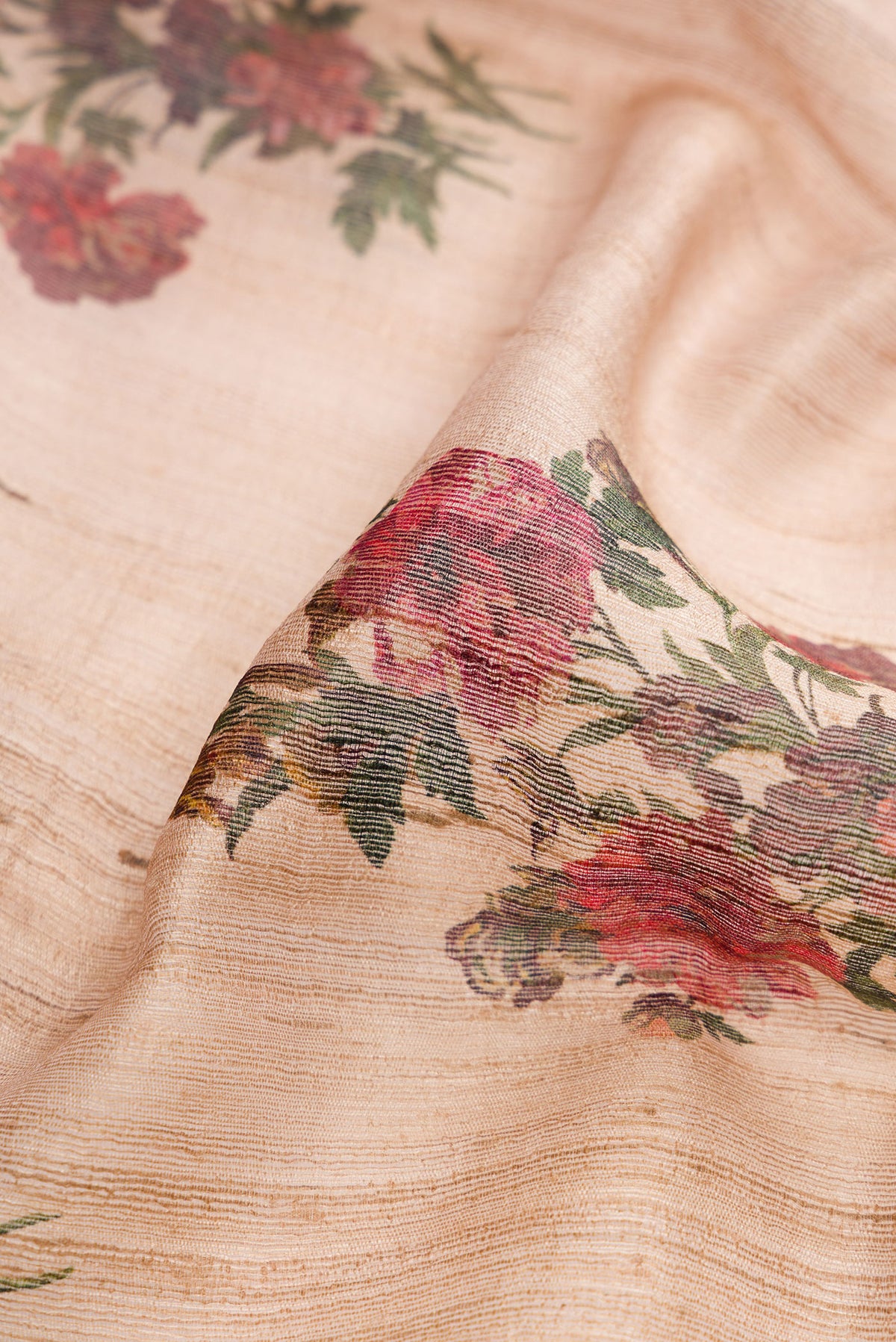 Close up of Beige Dual Tone Tussar Silk Saree with Printed design on the body and Temple Border.  displaying folds