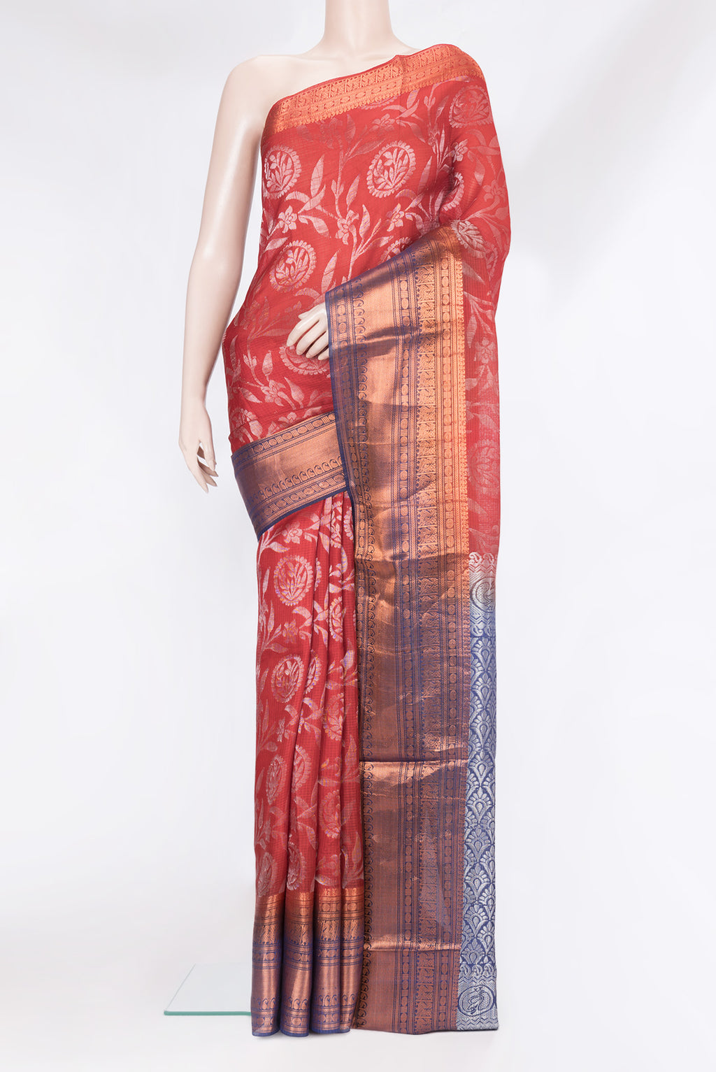 Red Kota Silk Saree with Zari Butta on the body and Zari Border.  displayed on a mannequin