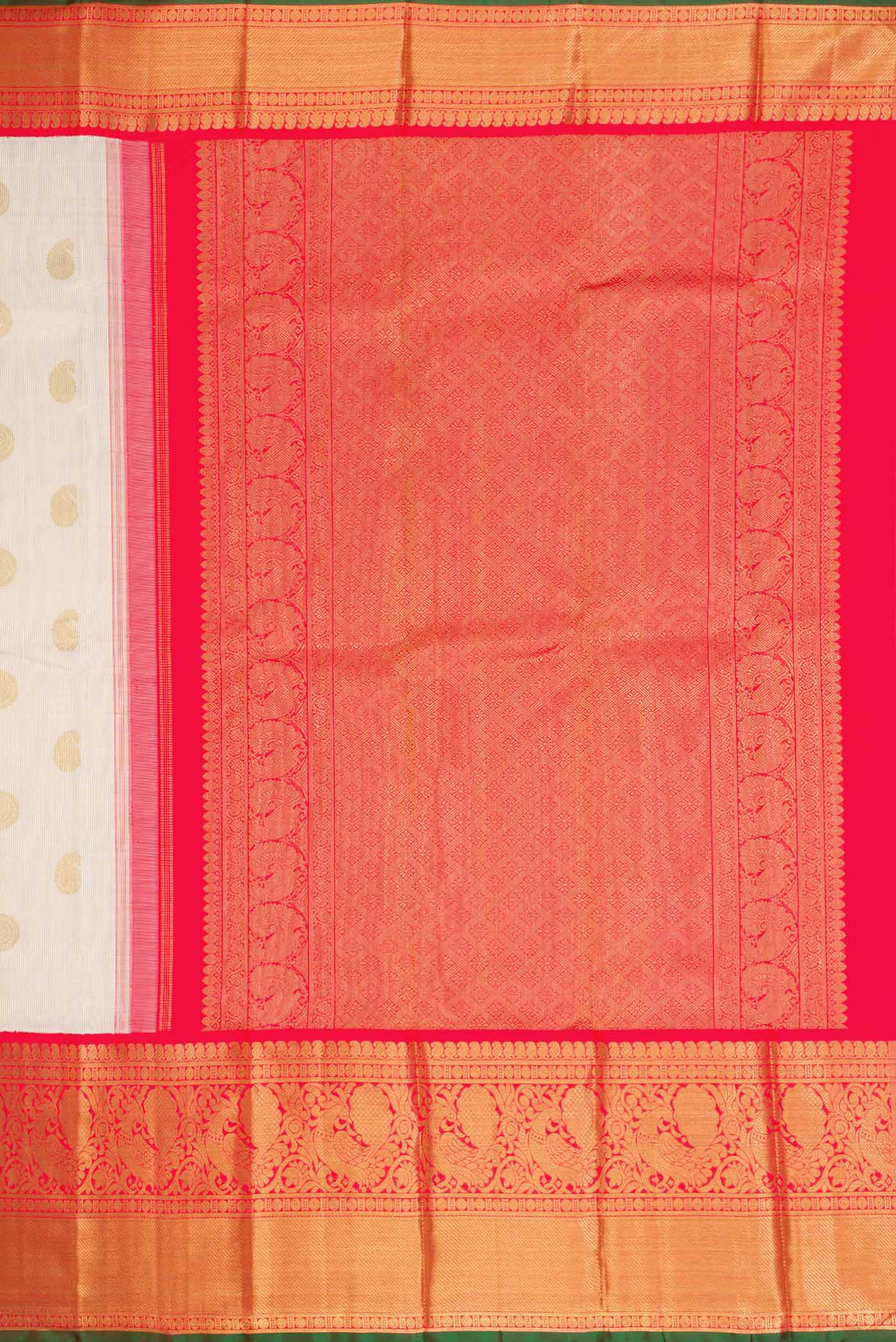 Close up image of the pallu of Pure Silk Pure Zari Off White Dual Tone Kanchipuram Saree with Zari Butta on the body and Zari Border