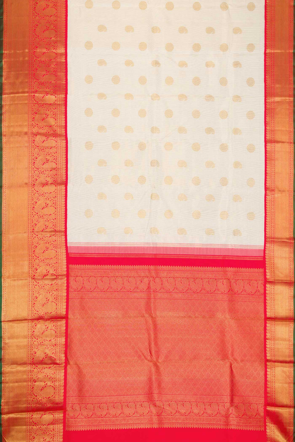 Flat view of Pure Silk Pure Zari Off White Dual Tone Kanchipuram Saree with Zari Butta on the body and Zari Border