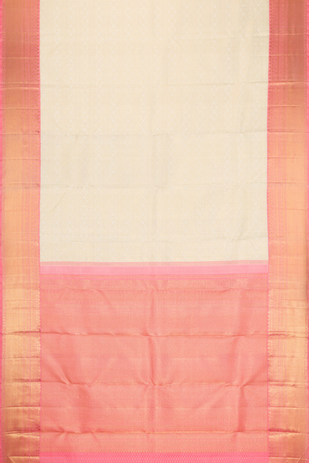 Flat view of Pure Silk Pure Zari Off White Dual Tone Kanjivaram Saree with Zari Brocade on the body and Zari Border. 