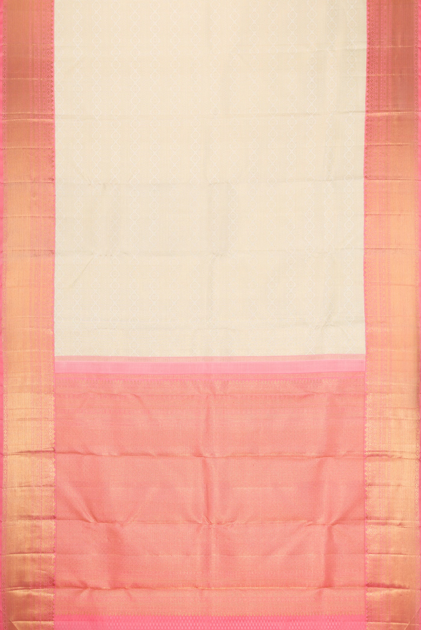 Flat view of Pure Silk Pure Zari Off White Dual Tone Kanjivaram Saree with Zari Brocade on the body and Zari Border. 