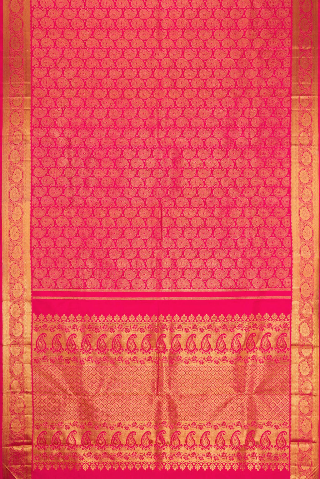 Flat view of Pure Silk Pure Zari Pink Dual Tone Kanjivaram Saree with Zari Brocade on the body and Zari Border. 