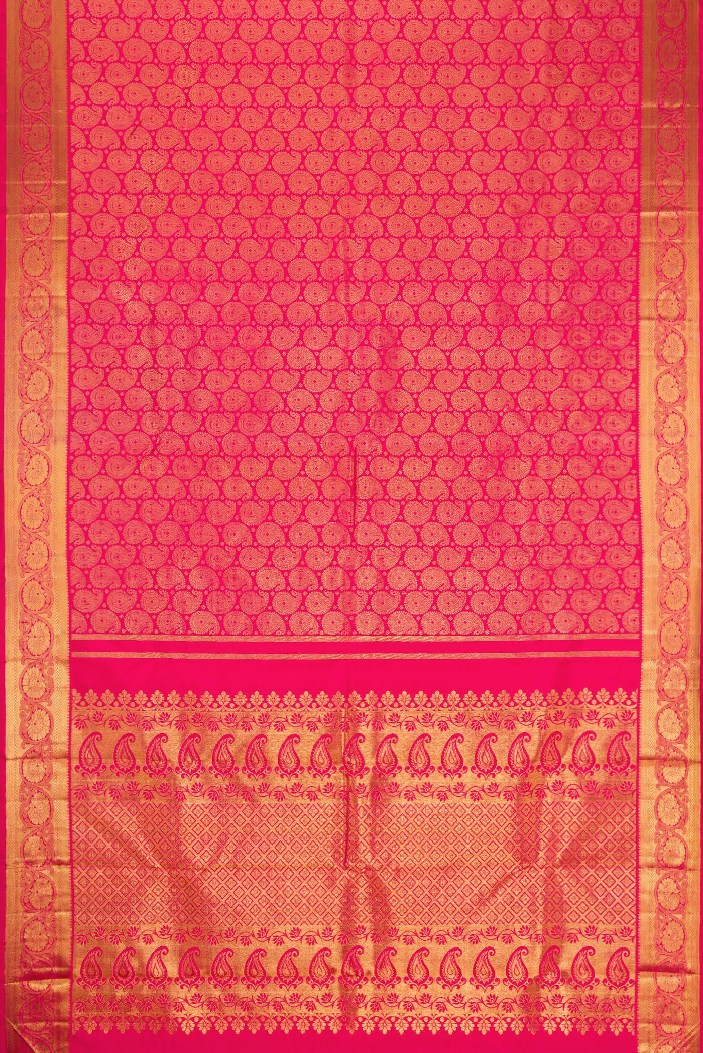Flat view of Pure Silk Pure Zari Pink Dual Tone Kanjivaram Saree with Zari Brocade on the body and Zari Border. 