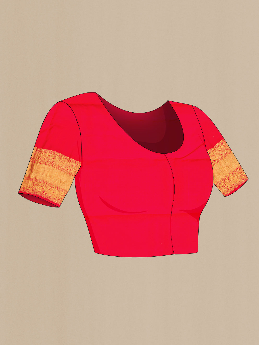 Close up image of the blouse of Pure Silk Pure Zari Red Dual Tone Kanjivaram Saree with Zari Brocade on the body and Zari Border. 
