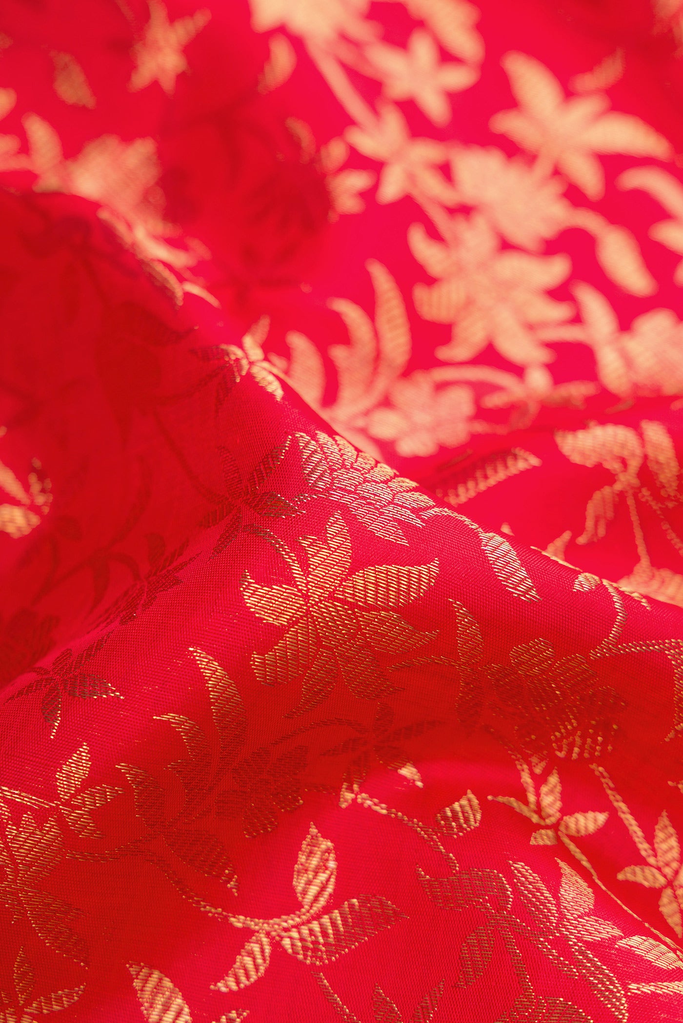 Close up of Pure Silk Pure Zari Red Dual Tone Kanjivaram Saree with Zari Brocade on the body and Zari Border.  displaying folds