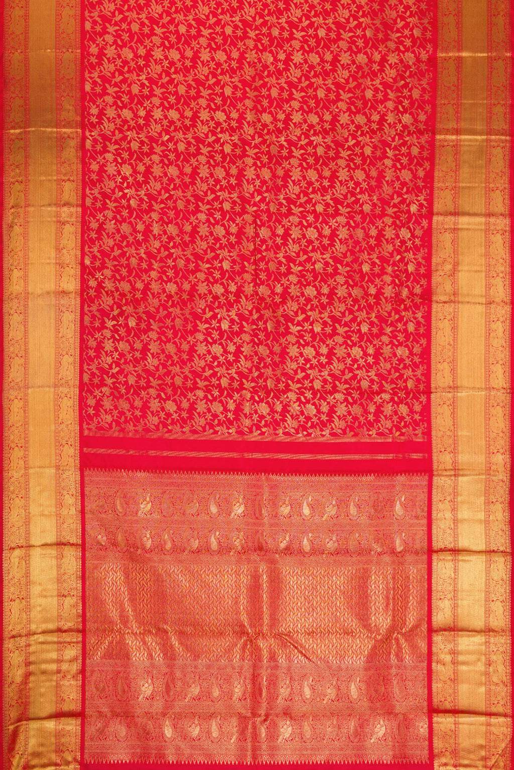 Flat view of Pure Silk Pure Zari Red Dual Tone Kanjivaram Saree with Zari Brocade on the body and Zari Border. 