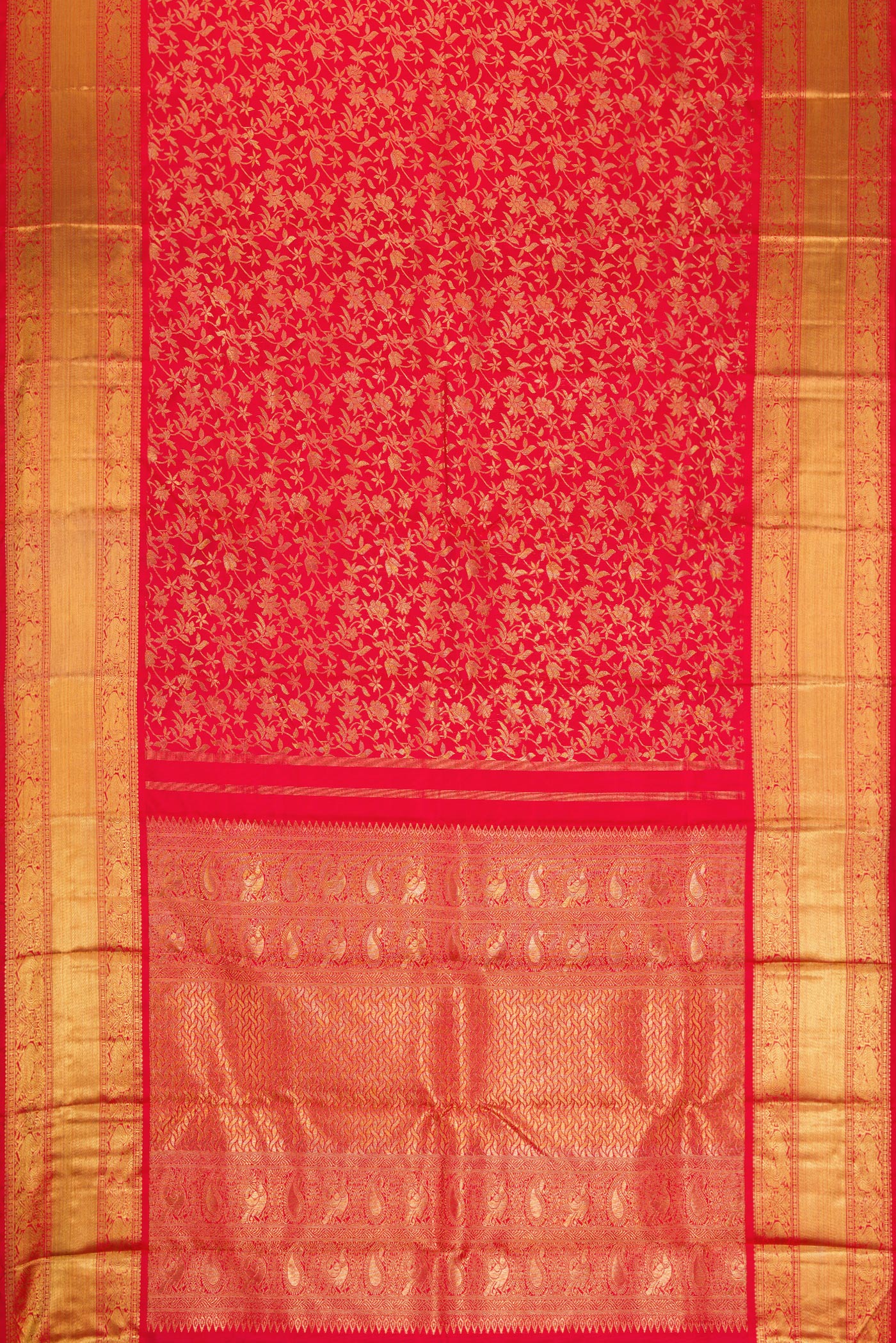 Flat view of Pure Silk Pure Zari Red Dual Tone Kanjivaram Saree with Zari Brocade on the body and Zari Border. 