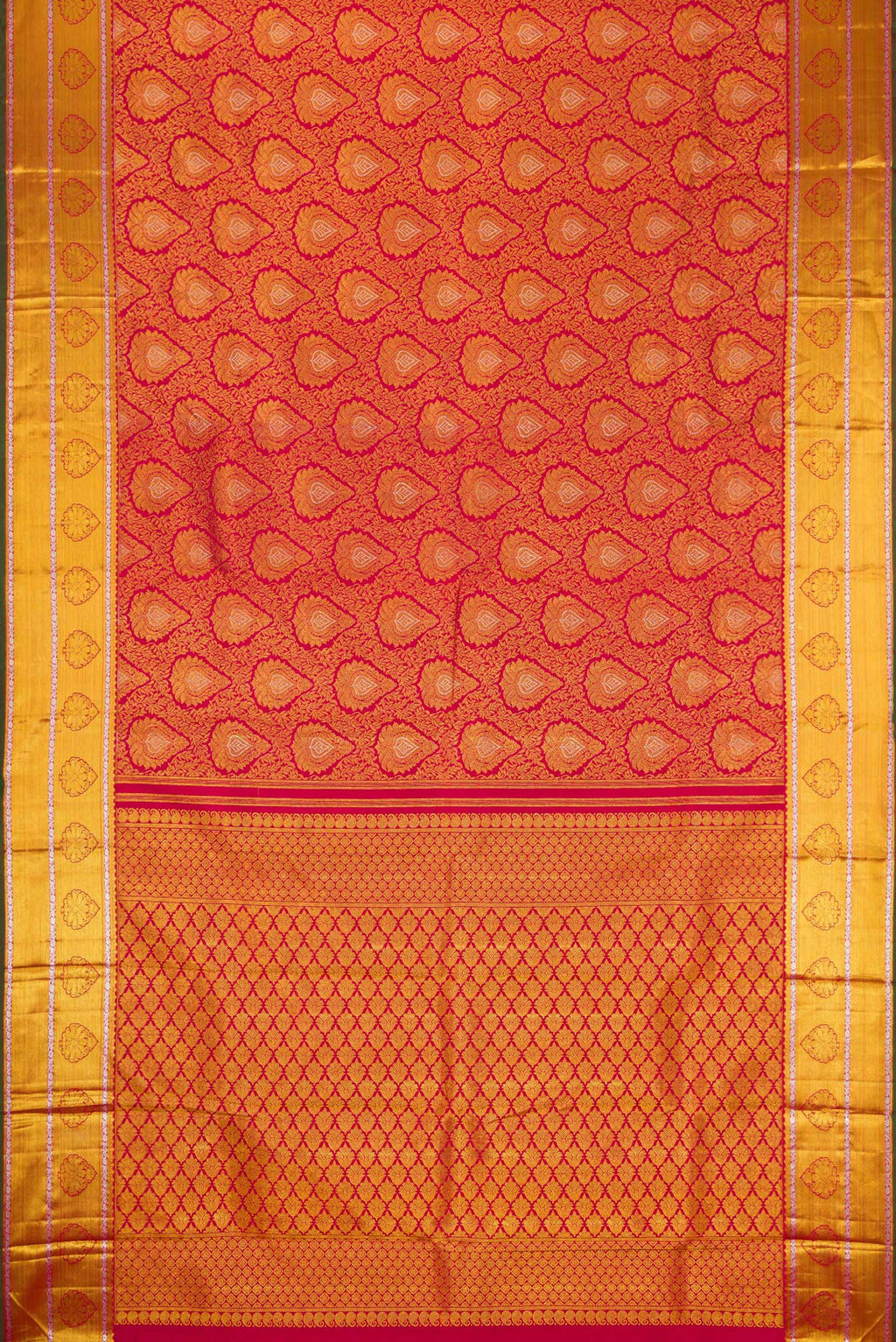 Flat view of Maroon Dual Tone Kanjivaram Silk Saree with Zari Brocade on the body and Zari Border. 