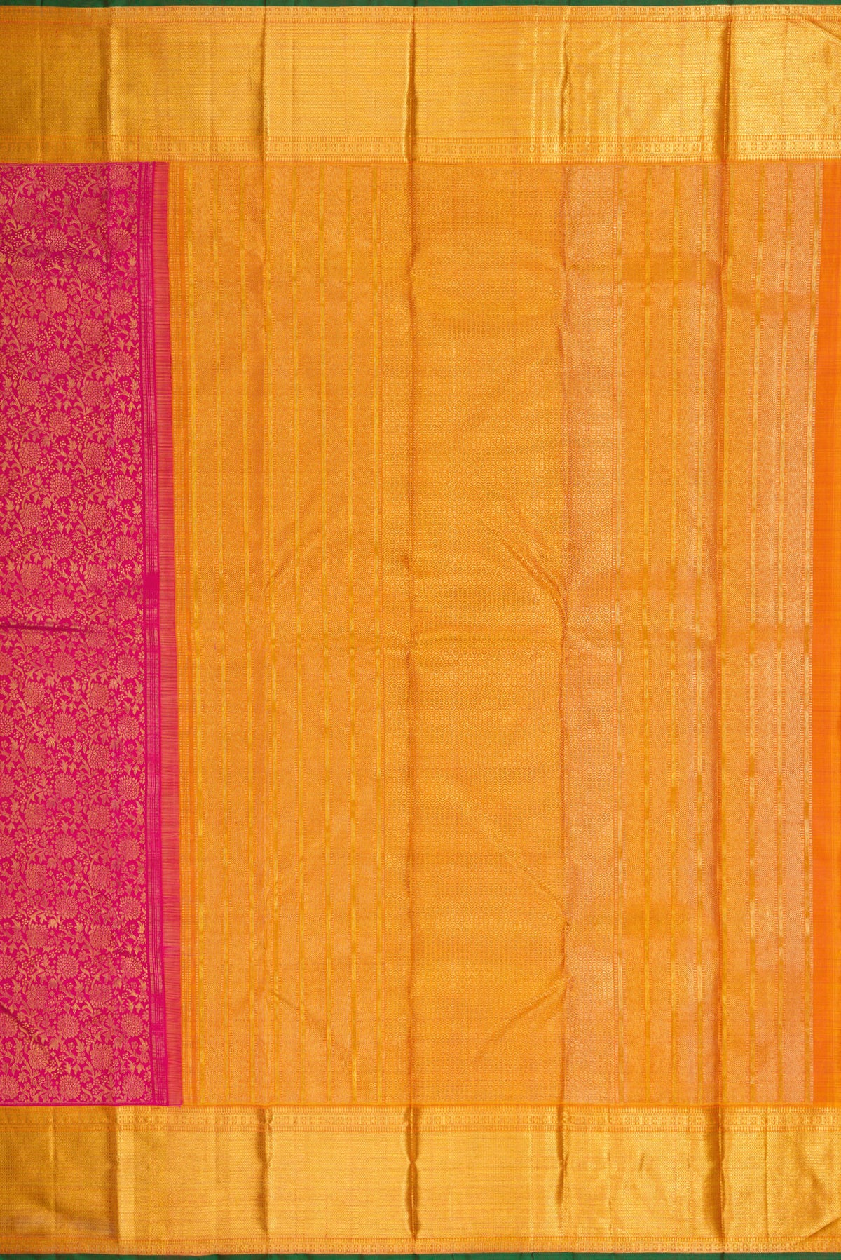 Close up image of the pallu of Pure Silk Pure Zari Magenta Dual Tone Kanjivaram Saree with Zari Brocade on the body and Zari Border. 
