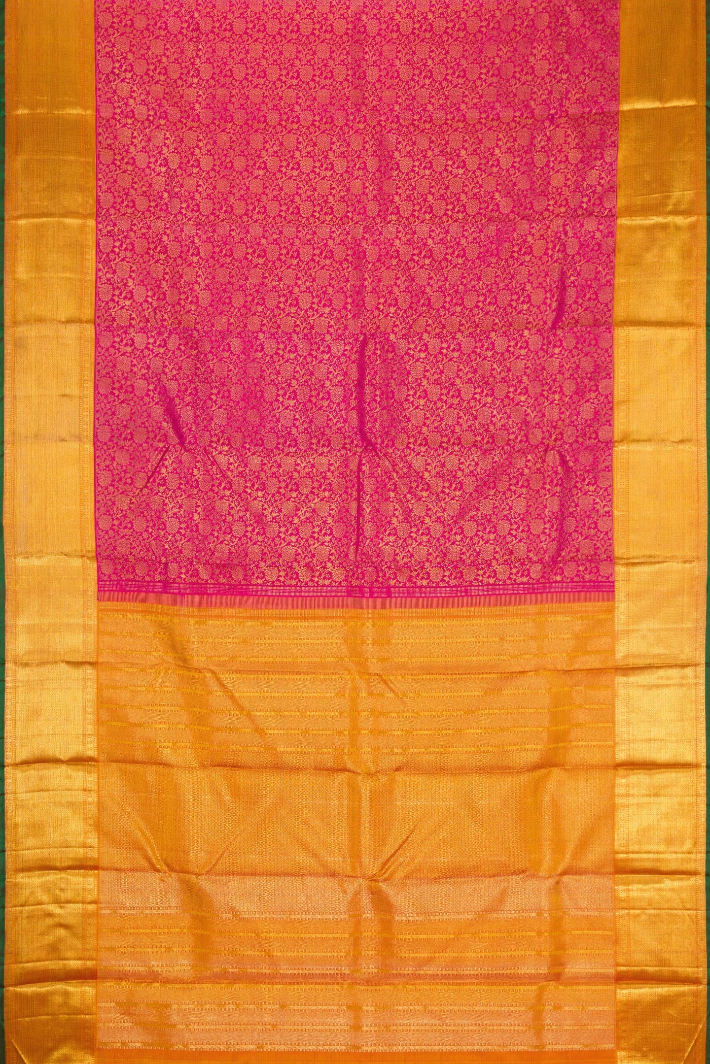 Flat view of Pure Silk Pure Zari Magenta Dual Tone Kanjivaram Saree with Zari Brocade on the body and Zari Border. 
