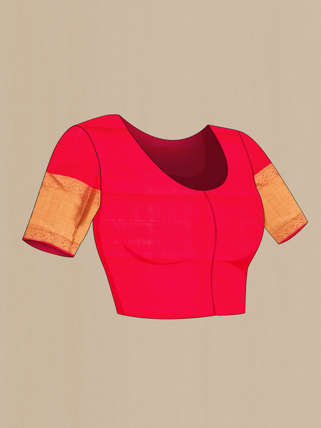 Close up image of the blouse of Pure Silk Pure Zari Red Dual Tone Kanjivaram Saree with Zari Brocade on the body and Zari Border. 