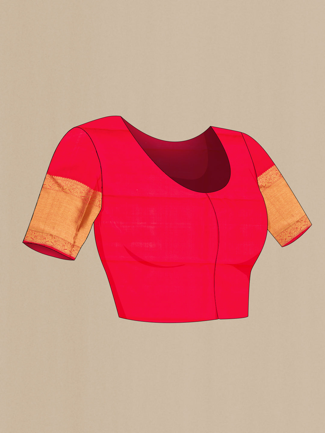 Close up image of the blouse of Pure Silk Pure Zari Red Dual Tone Kanjivaram Saree with Zari Brocade on the body and Zari Border. 