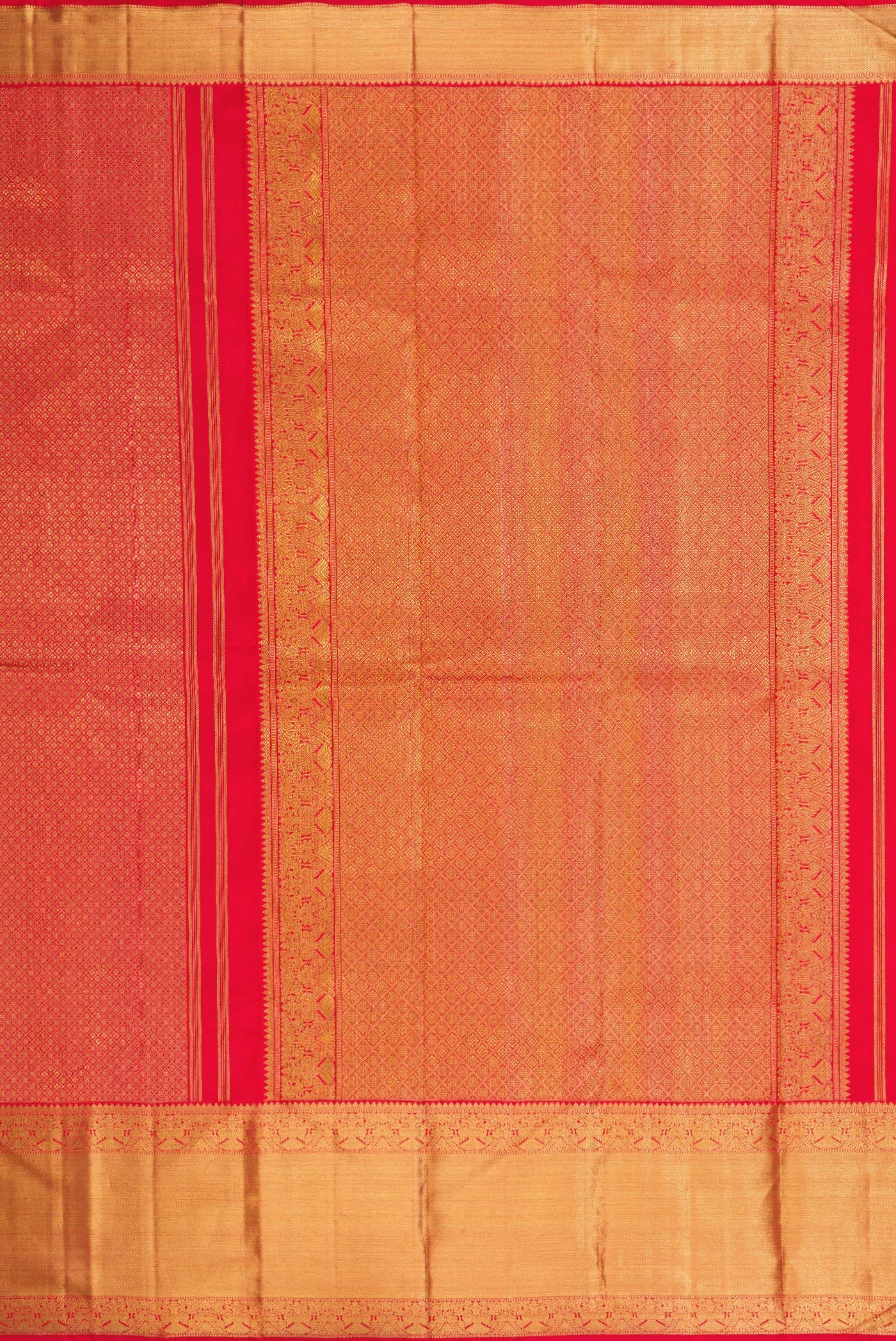 Close up image of the pallu of Pure Silk Pure Zari Red Dual Tone Kanjivaram Saree with Zari Brocade on the body and Zari Border. 