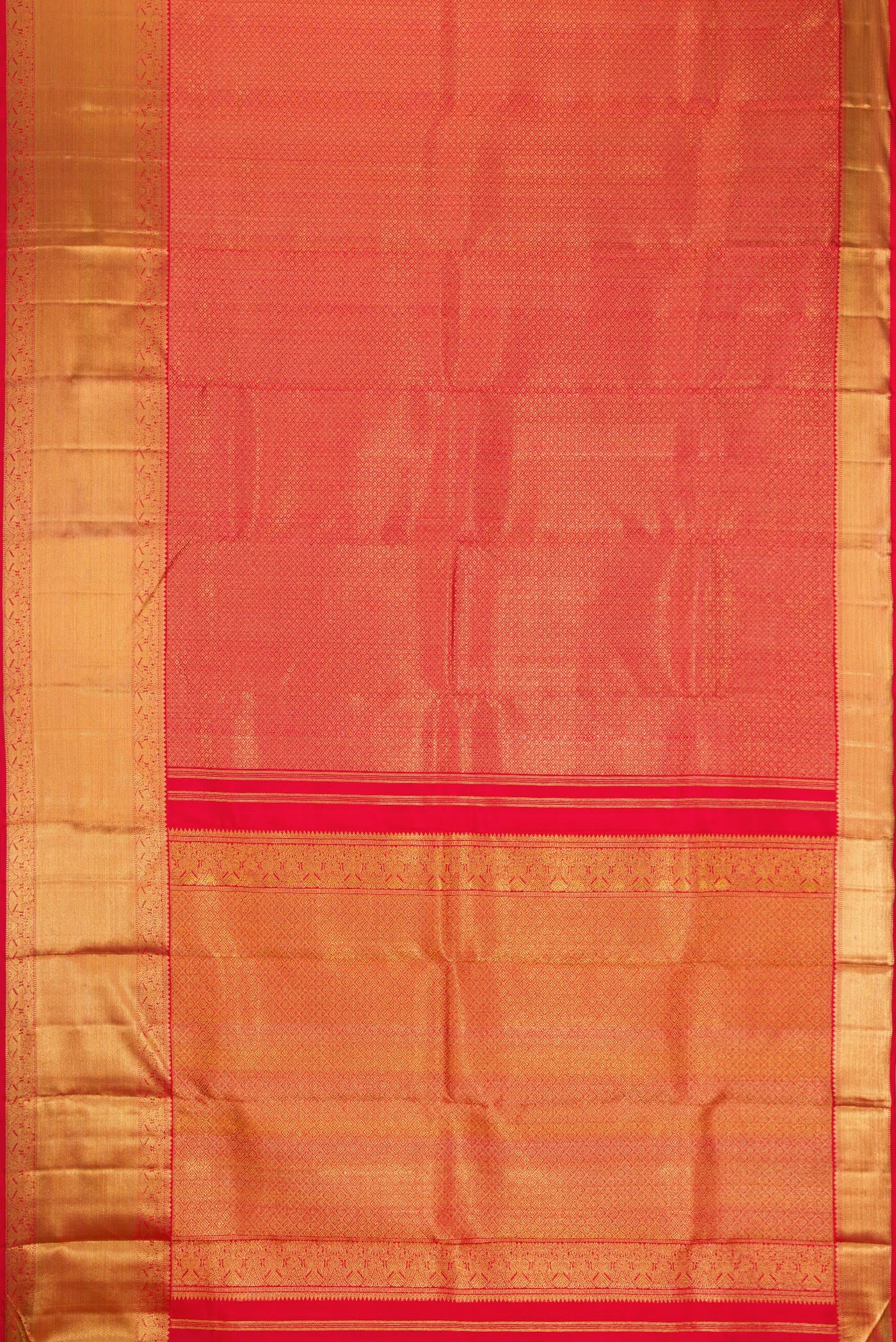 Flat view of Pure Silk Pure Zari Red Dual Tone Kanjivaram Saree with Zari Brocade on the body and Zari Border. 