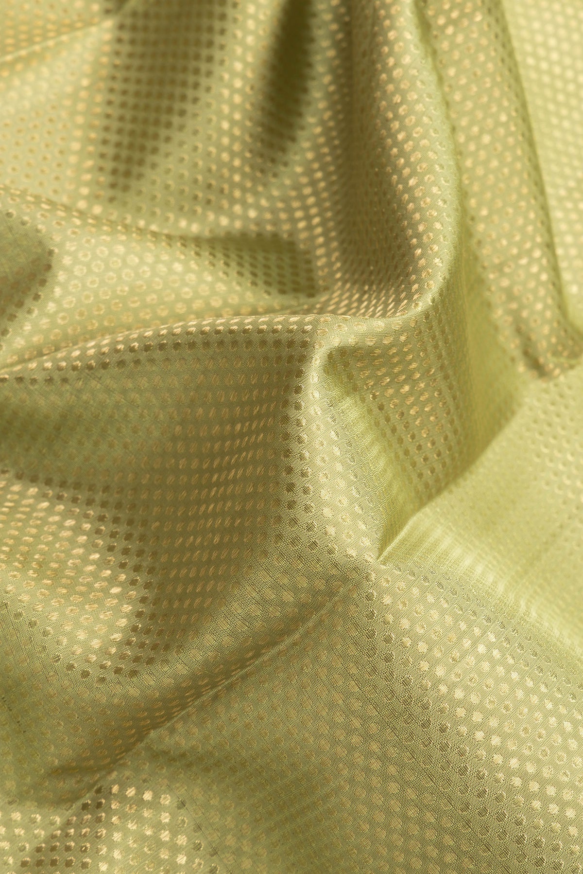 Close up of Pure Silk Pure Zari Pista Green Dual Tone Kanjivaram Saree with Zari Brocade on the body and Zari Border.  displaying folds