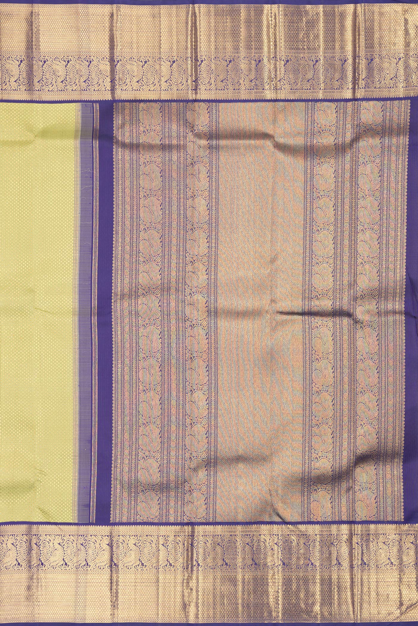 Close up image of the pallu of Pure Silk Pure Zari Pista Green Dual Tone Kanjivaram Saree with Zari Brocade on the body and Zari Border. 