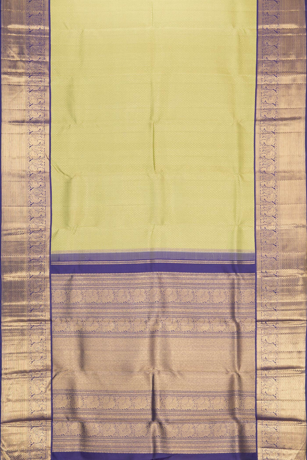 Flat view of Pure Silk Pure Zari Pista Green Dual Tone Kanjivaram Saree with Zari Brocade on the body and Zari Border. 