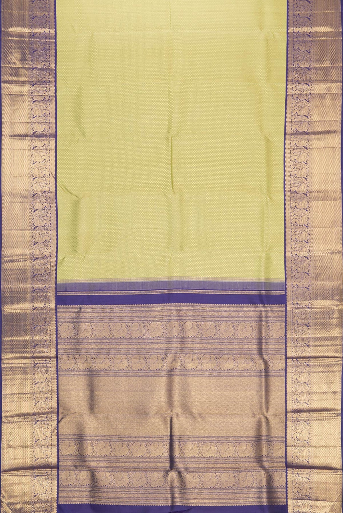 Flat view of Pure Silk Pure Zari Pista Green Dual Tone Kanjivaram Saree with Zari Brocade on the body and Zari Border. 