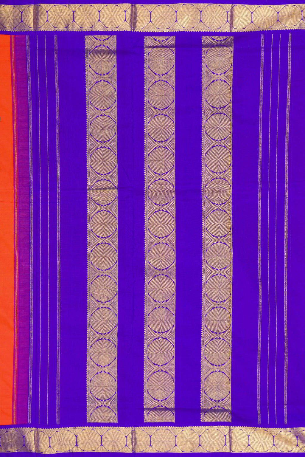 Close up image of the pallu of Pure Silk Pure Zari Orange Kanchipuram Nine Yards Saree with Plain Body and Zari Border. 