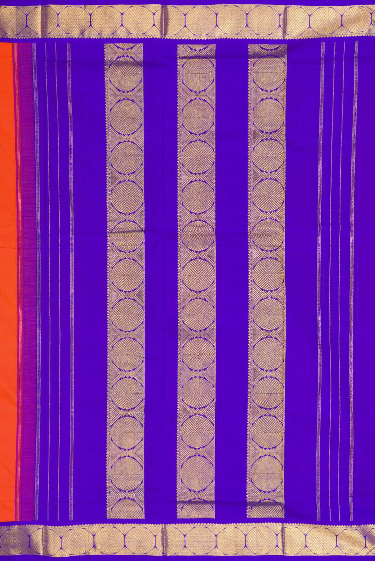 Close up image of the pallu of Pure Silk Pure Zari Orange Kanchipuram Nine Yards Saree with Plain Body and Zari Border. 