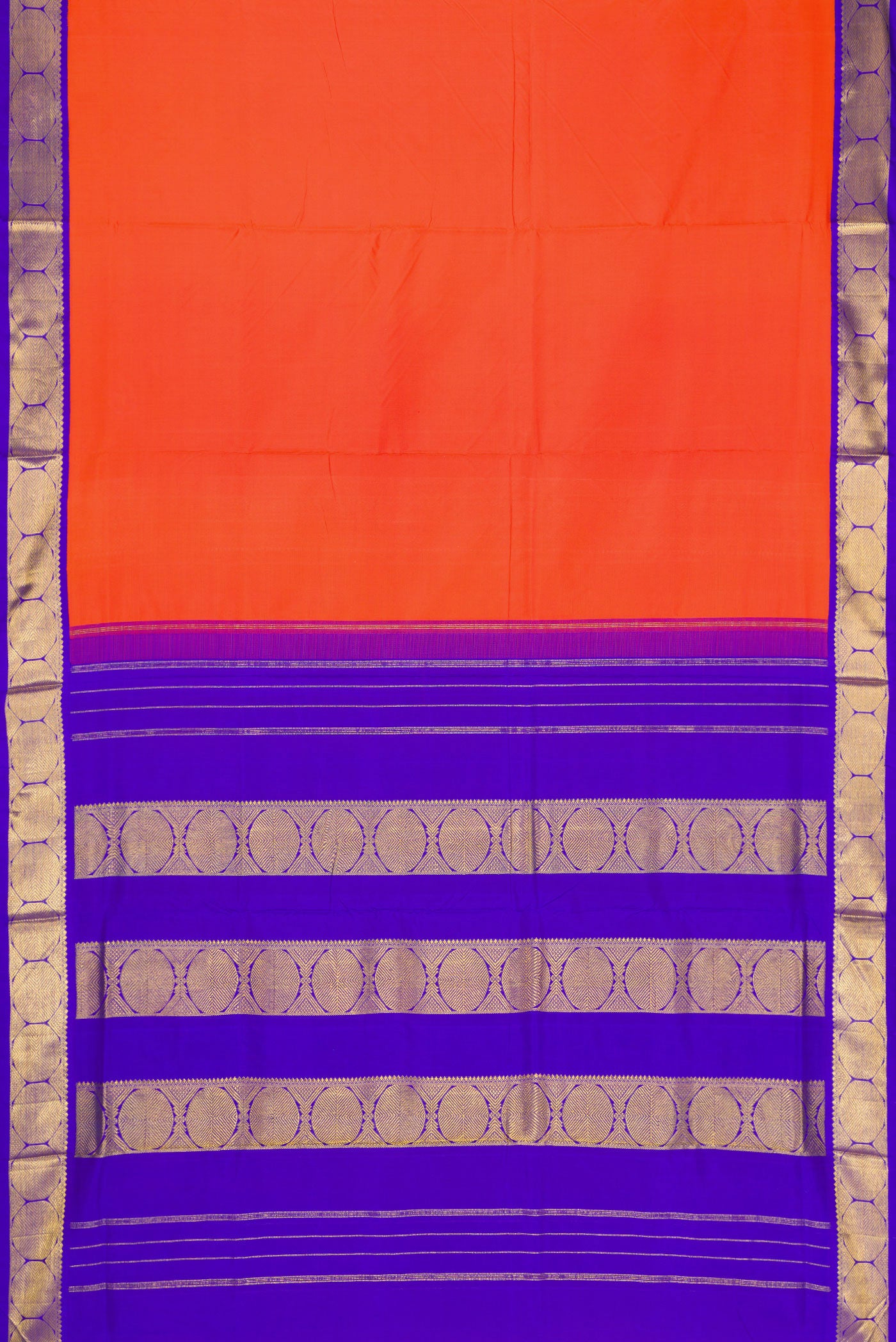 Flat view of Pure Silk Pure Zari Orange Kanchipuram Nine Yards Saree with Plain Body and Zari Border. 