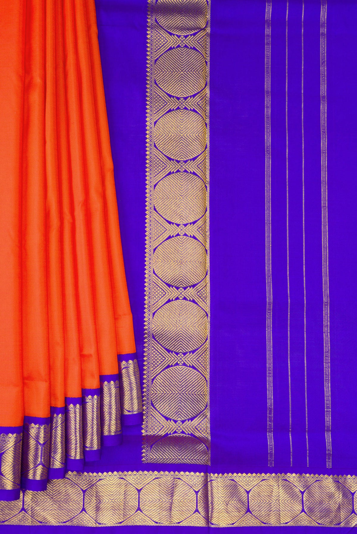 Pleats and pallu of Pure Silk Pure Zari Orange Kanchipuram Nine Yards Saree with Plain Body and Zari Border. 