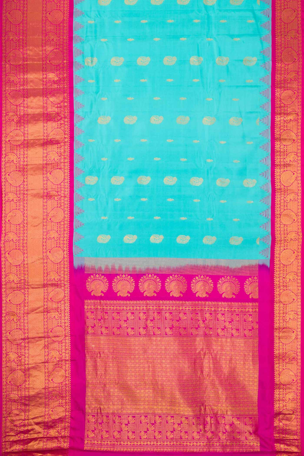 Flat view of Sky Blue Dual Tone Gadwal Silk Saree with Zari Butta on the body and Zari Border