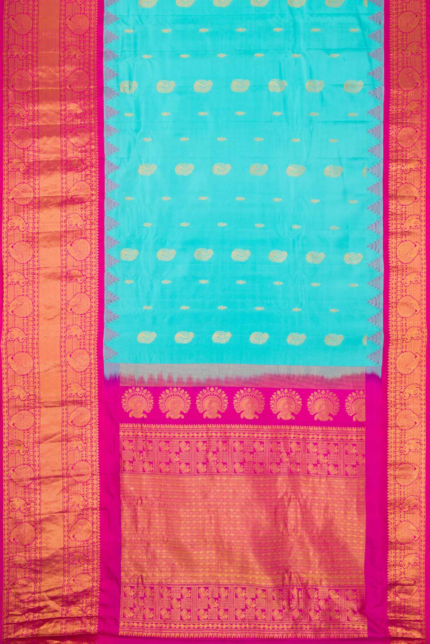 Flat view of Sky Blue Dual Tone Gadwal Silk Saree with Zari Butta on the body and Zari Border