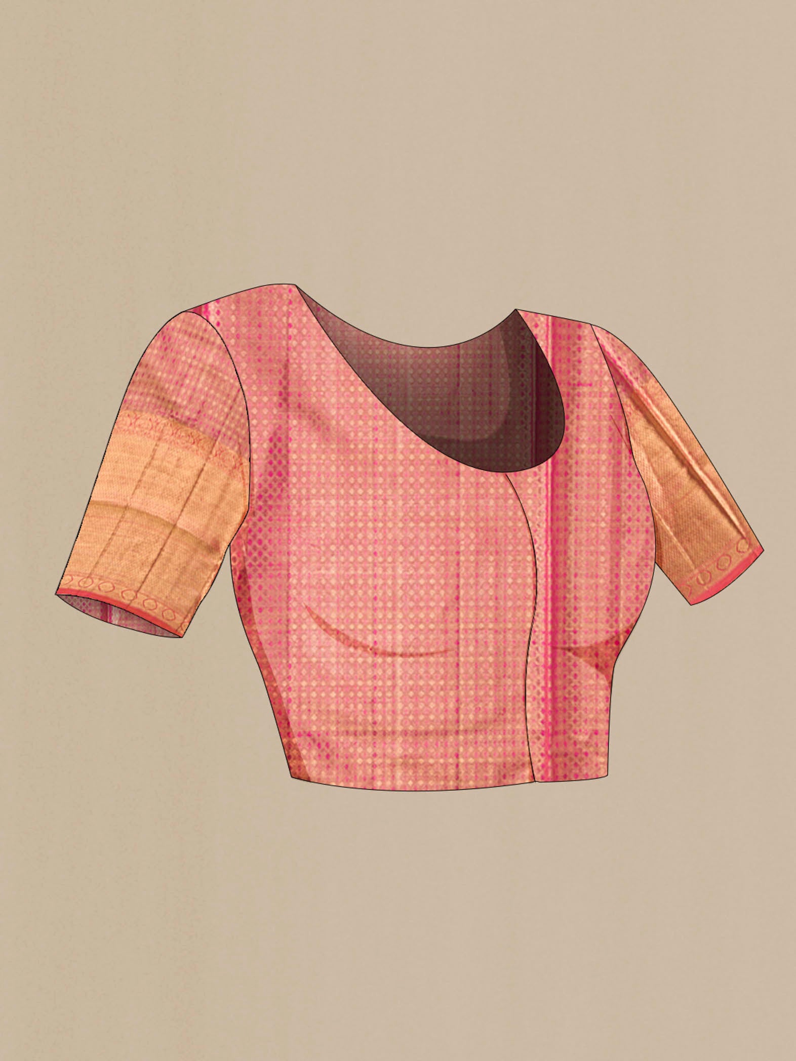 Close up image of the blouse of Pink with Gold Color Kanchipuram Tissue Silk Saree with Zari Brocade on the body and Zari Border