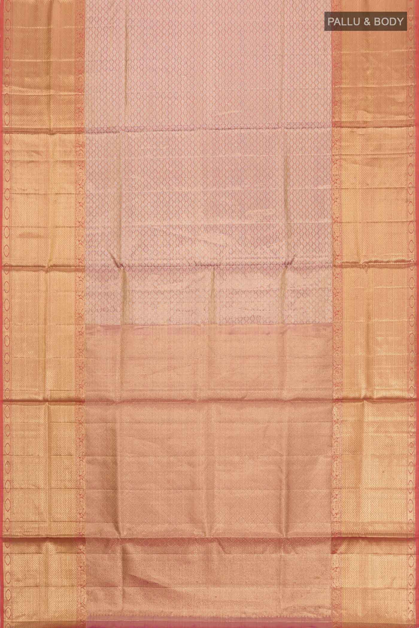 Flat view of Pink with Gold Color Kanchipuram Tissue Silk Saree with Zari Brocade on the body and Zari Border