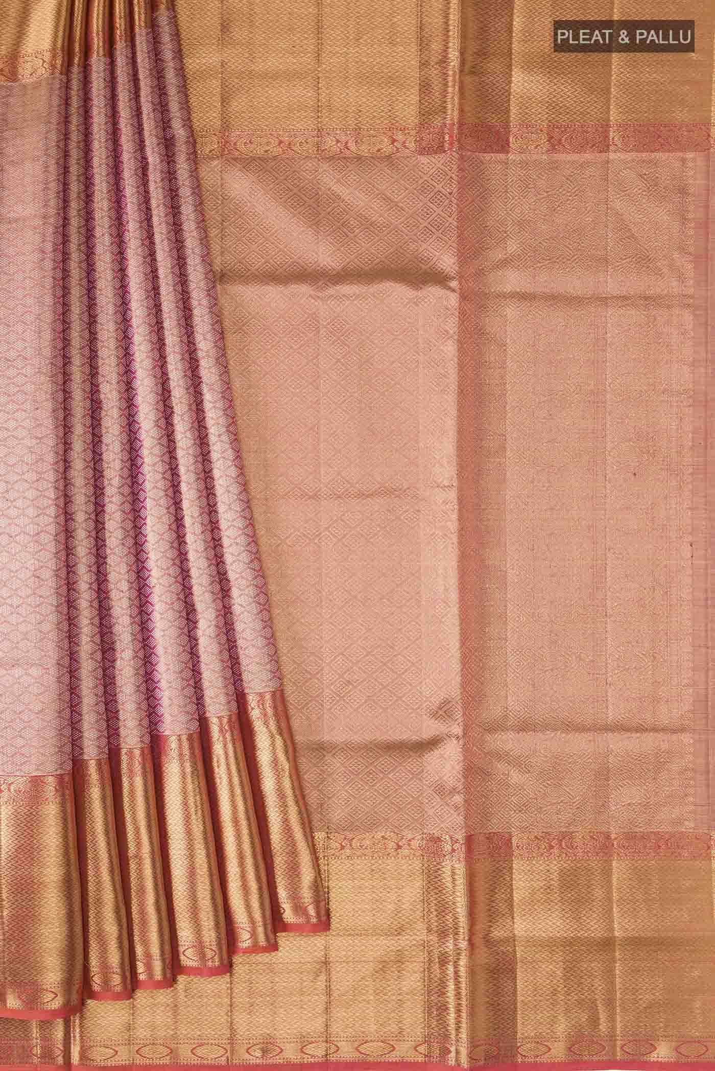 Pleats and pallu of Pink with Gold Color Kanchipuram Tissue Silk Saree with Zari Brocade on the body and Zari Border
