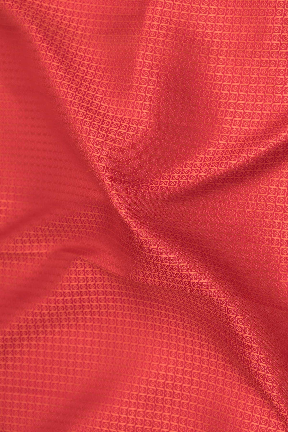 Close up of Red Dual Tone Kanchipuram Saree with Jacquard design on the body and Zari Border displaying folds