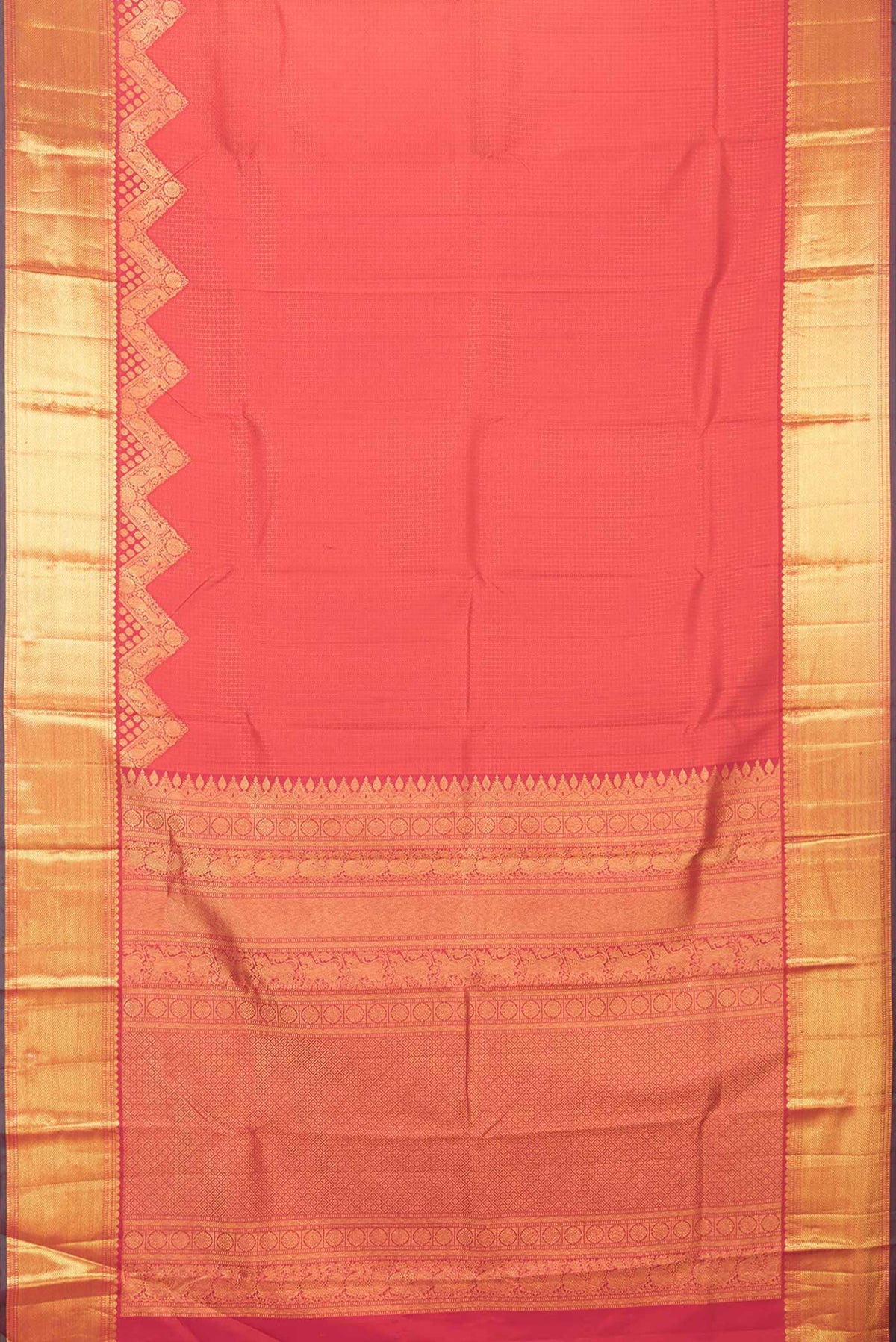 Flat view of Red Dual Tone Kanchipuram Saree with Jacquard design on the body and Zari Border