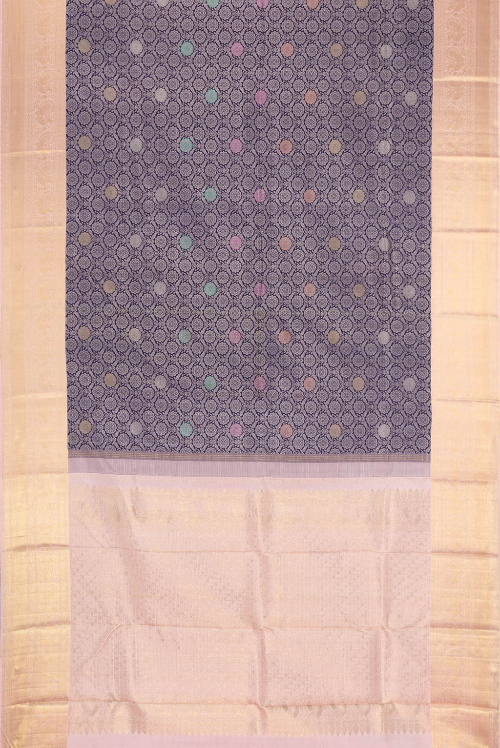 Flat view of Navy Blue Kanjivaram Silk Saree with Jacquard With Zari Butta on the body and Zari Border. 