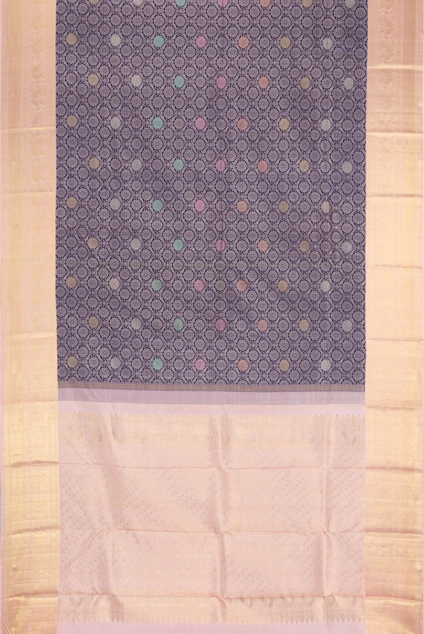 Flat view of Navy Blue Kanjivaram Silk Saree with Jacquard With Zari Butta on the body and Zari Border. 