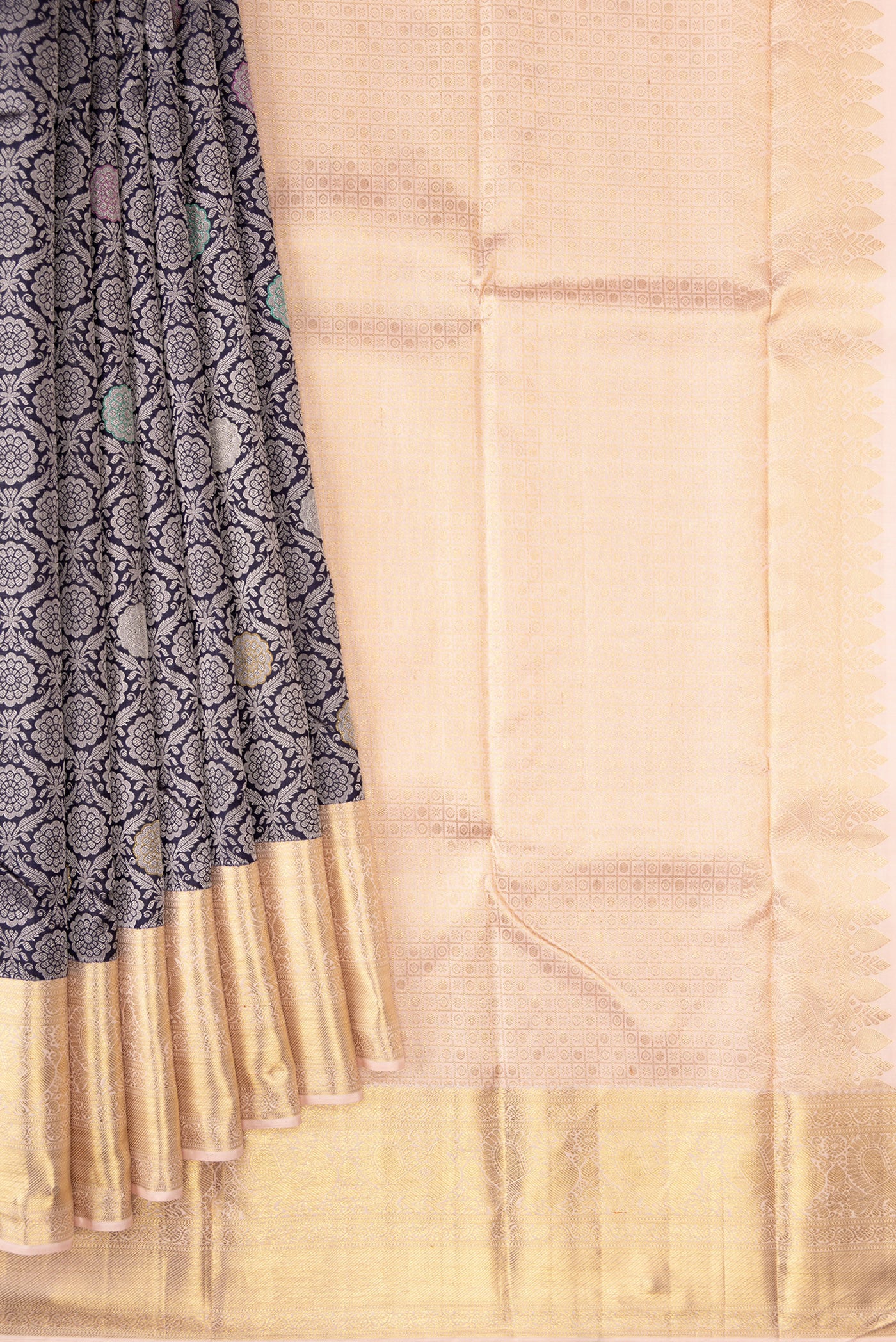 Pleats and pallu of Navy Blue Kanjivaram Silk Saree with Jacquard With Zari Butta on the body and Zari Border. 
