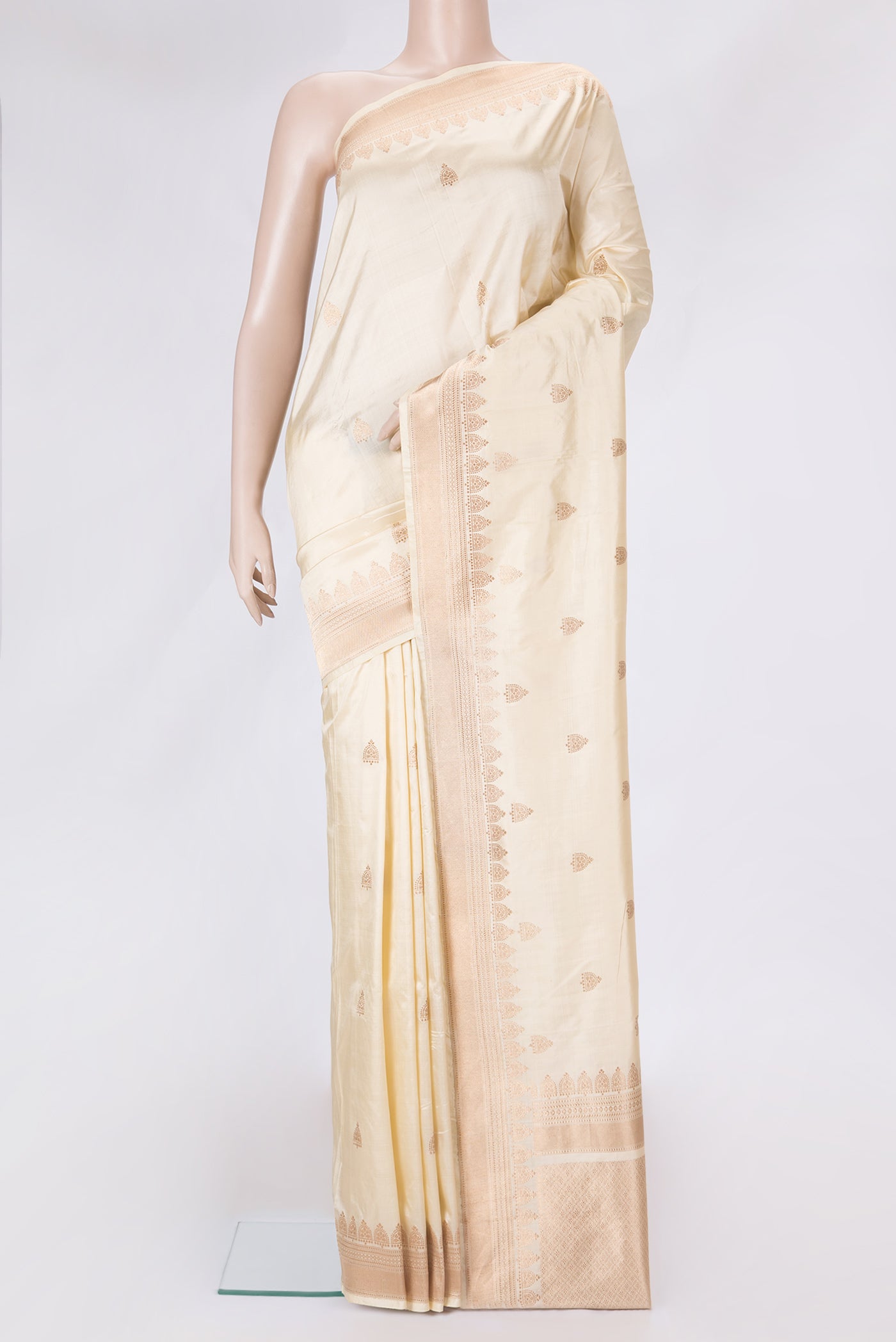 Sandal Dual Tone Banarasi Silk Saree with Zari Butta on the body and Zari Border.  displayed on a mannequin