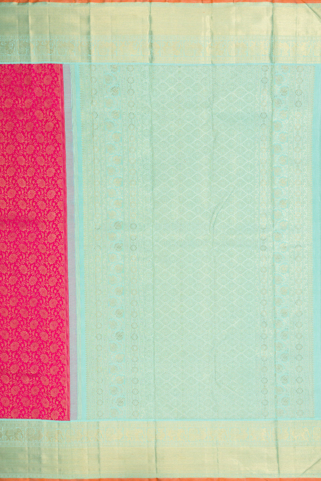 Close up image of the pallu of Pure Silk Pure Zari Dark Pink Dual Tone Kanjivaram Saree with Zari Brocade on the body and Zari Border. 