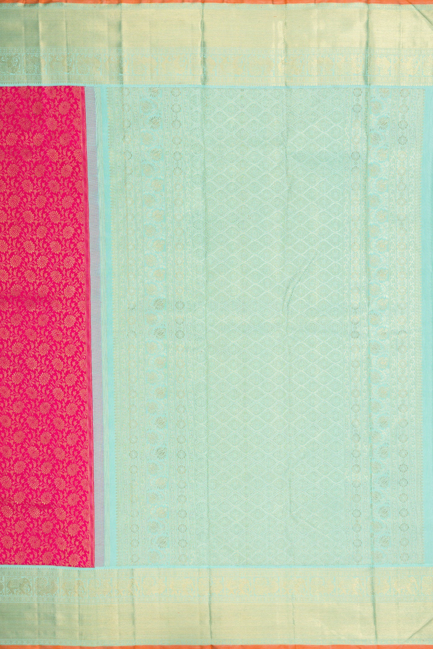 Close up image of the pallu of Pure Silk Pure Zari Dark Pink Dual Tone Kanjivaram Saree with Zari Brocade on the body and Zari Border. 