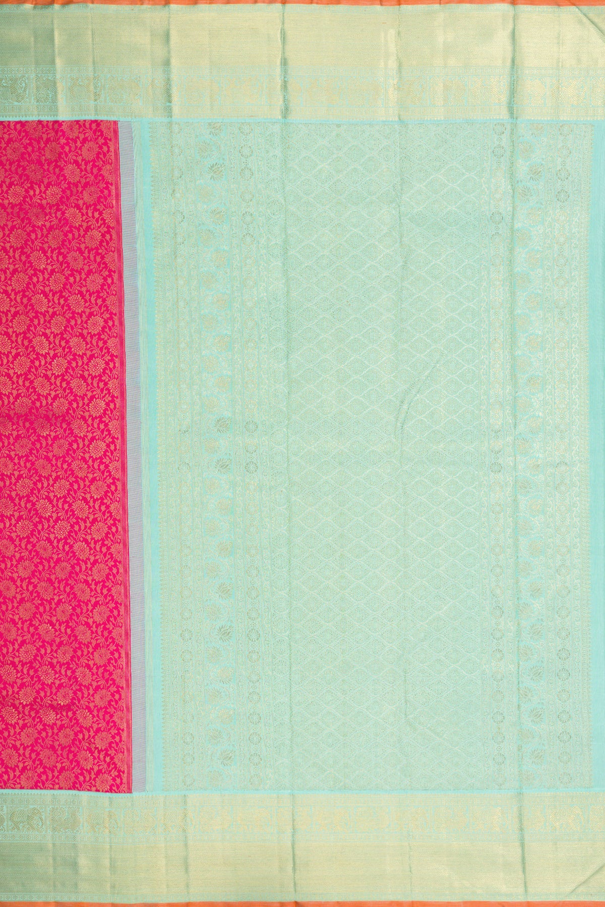 Close up image of the pallu of Pure Silk Pure Zari Dark Pink Dual Tone Kanjivaram Saree with Zari Brocade on the body and Zari Border. 
