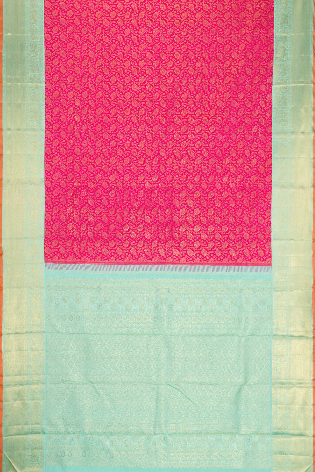 Flat view of Pure Silk Pure Zari Dark Pink Dual Tone Kanjivaram Saree with Zari Brocade on the body and Zari Border. 