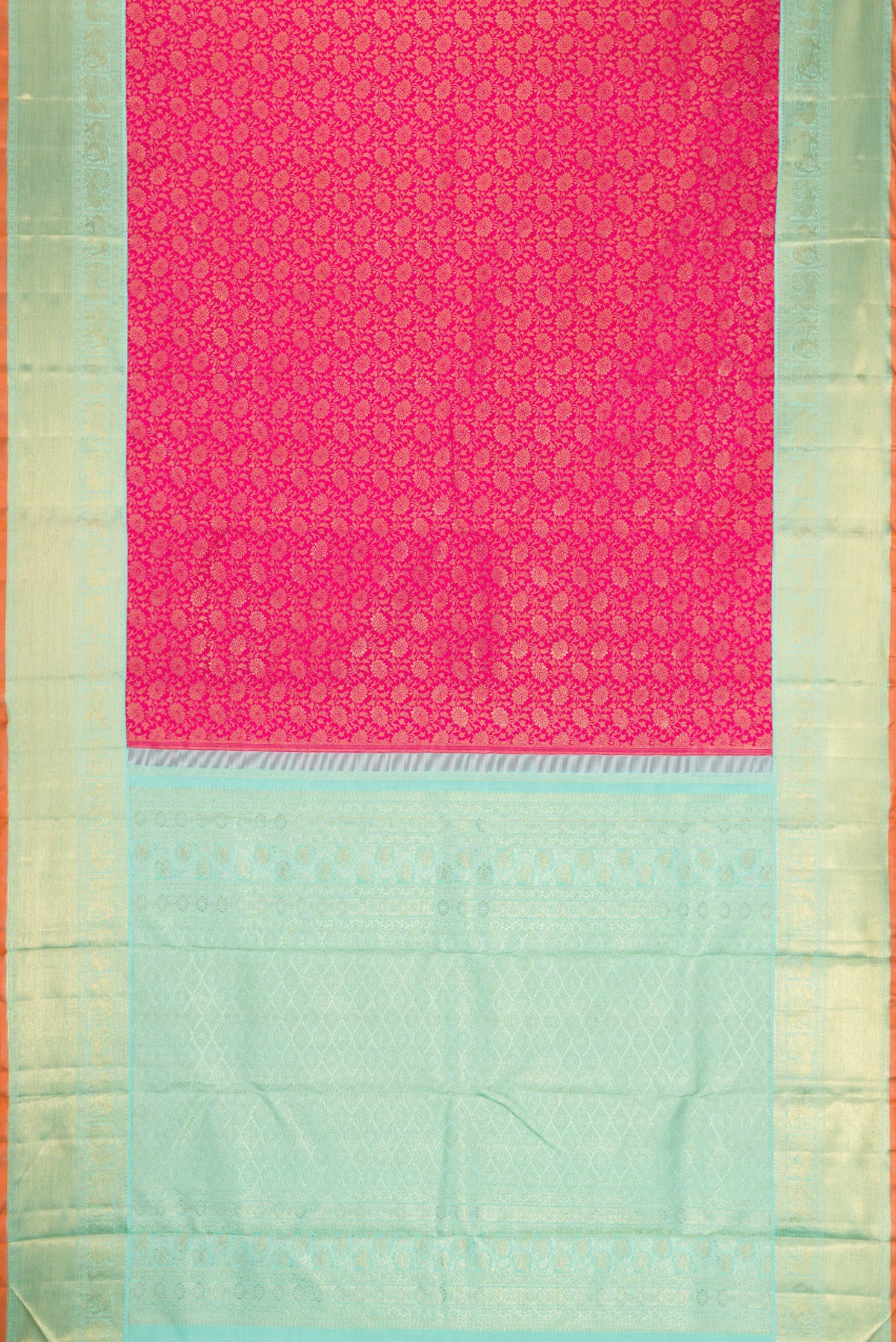 Flat view of Pure Silk Pure Zari Dark Pink Dual Tone Kanjivaram Saree with Zari Brocade on the body and Zari Border. 