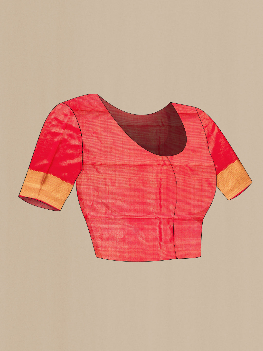 Close up image of the blouse of Pure Silk Pure Zari Red Dual Tone Kanjivaram Saree with Zari Brocade on the body and Zari Border. 