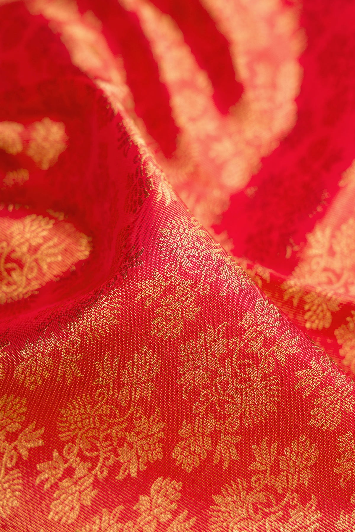 Close up of Pure Silk Pure Zari Red Dual Tone Kanjivaram Saree with Zari Brocade on the body and Zari Border.  displaying folds