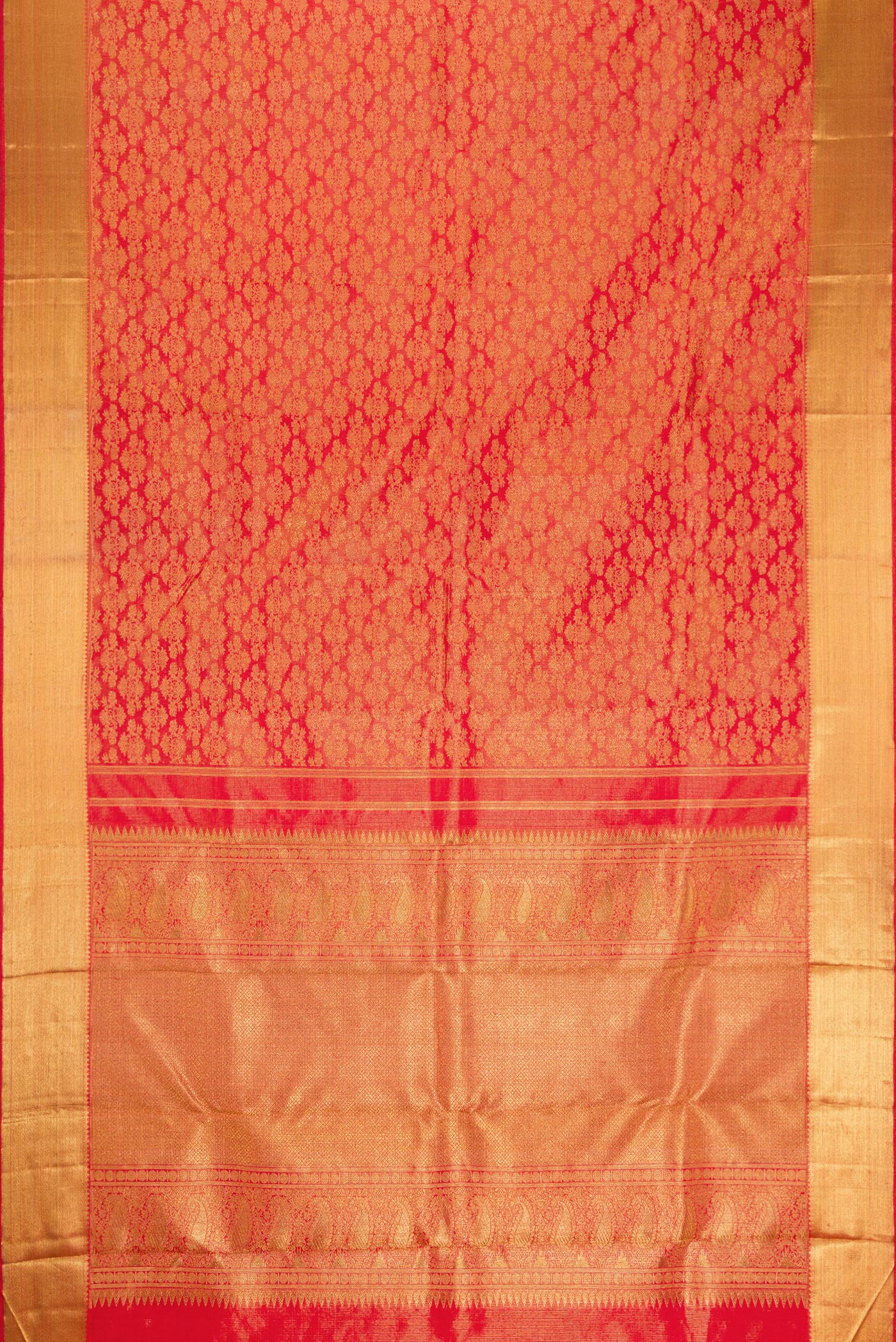 Flat view of Pure Silk Pure Zari Red Dual Tone Kanjivaram Saree with Zari Brocade on the body and Zari Border. 