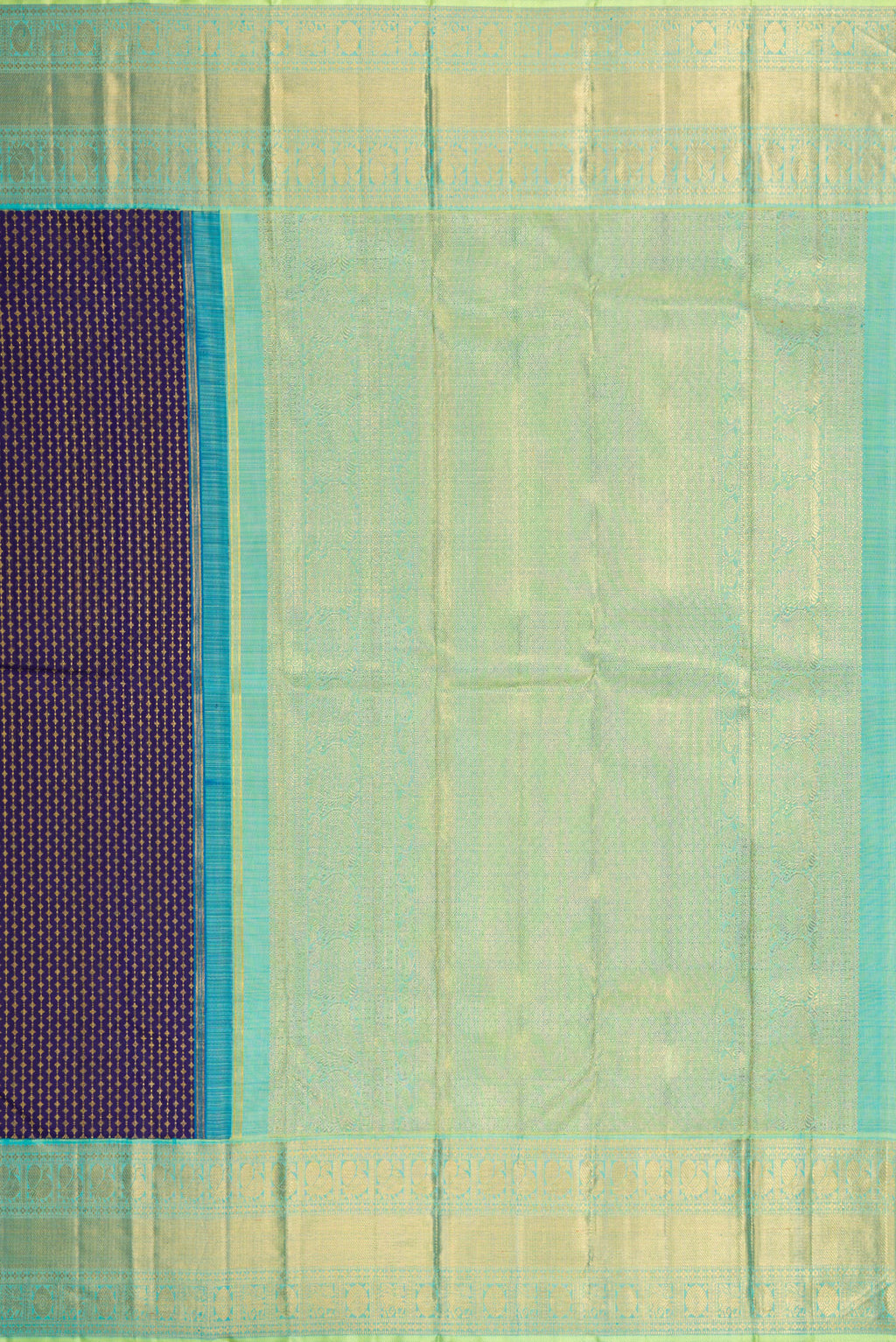 Close up image of the pallu of Pure Silk Pure Zari Navy Blue Kanjivaram Saree with Zari Brocade on the body and Zari Border. 