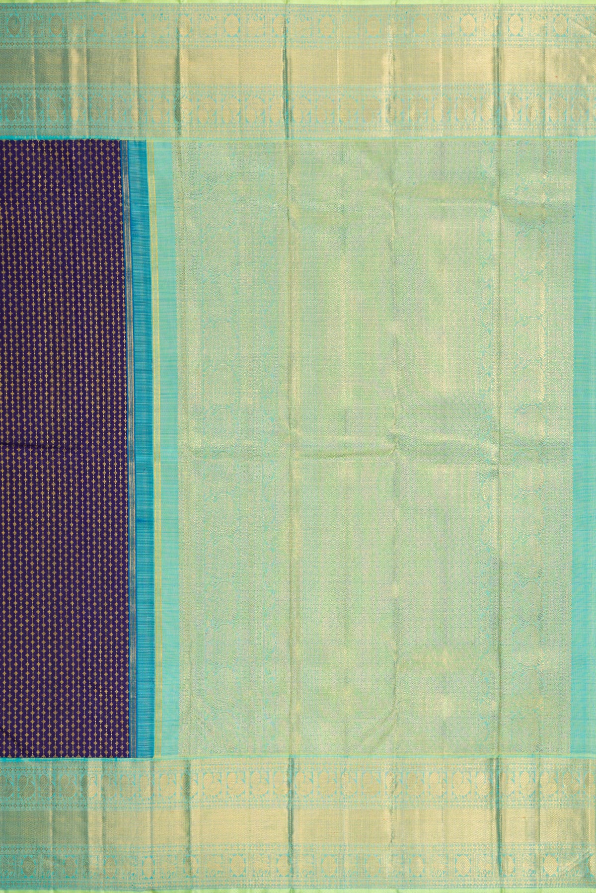 Close up image of the pallu of Pure Silk Pure Zari Navy Blue Kanjivaram Saree with Zari Brocade on the body and Zari Border. 